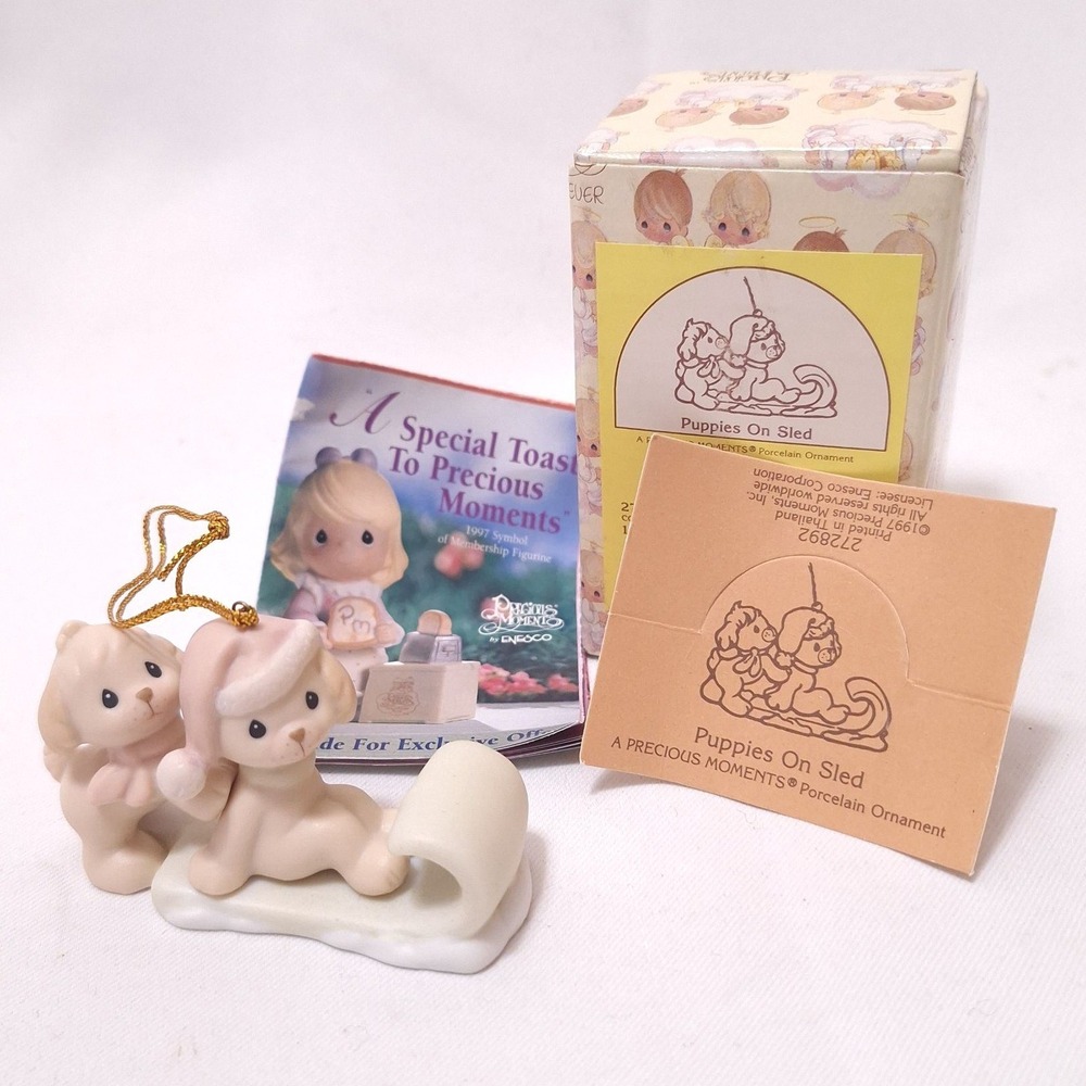 Precious Moments "Puppies on Sled" Porcelain Ornament 1997‎ Enesco Christmas